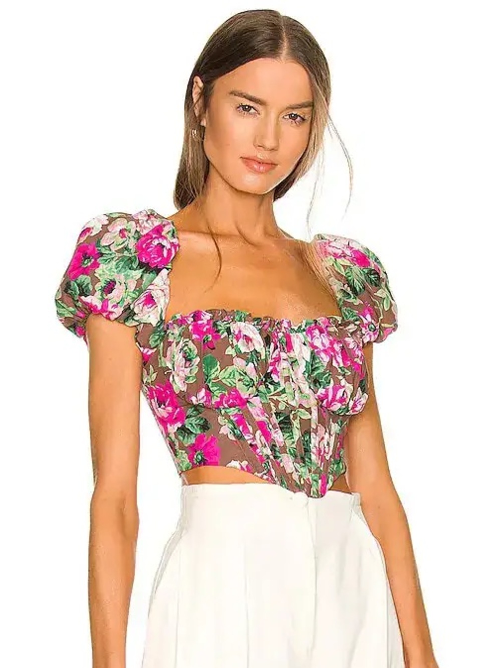 LPA Floral Puff-Sleeve Crop Top in Brown, Pink & Green